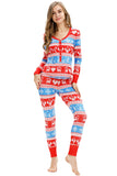 Button Down Snowflake&Reindeer Print Christmas Pajamas Set Red