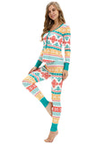 Button Down Front Snowflake Print Christmas Pajamas Set Turquoise