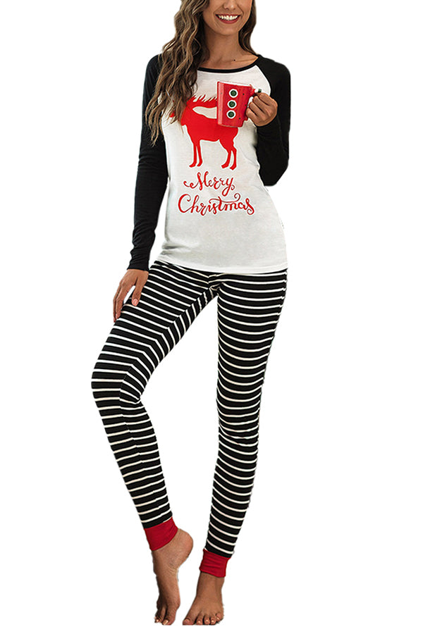 Striped Reindeer Christmas Pajama Set Black