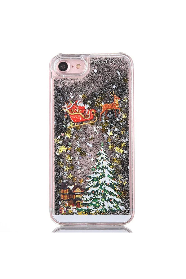 Glitter Stars Christmas Tree Santa Claus Print Case For iPhone Black