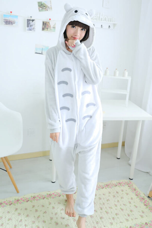 Gray Cute Pajamas Comfortable Flannel Totoro Jumpsuit Costume