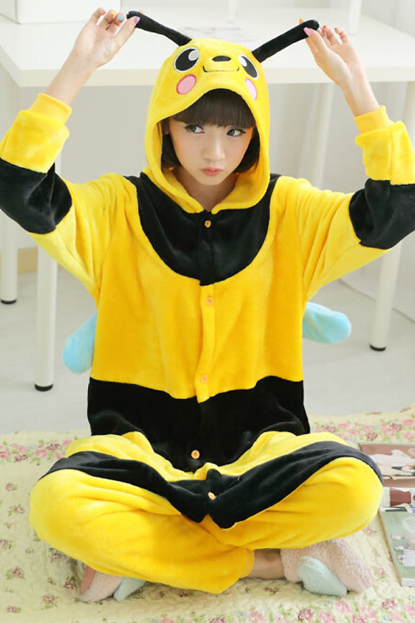 Yellow Cute Comfortable Flannel Bee Jumpsuit Pajamas Costume