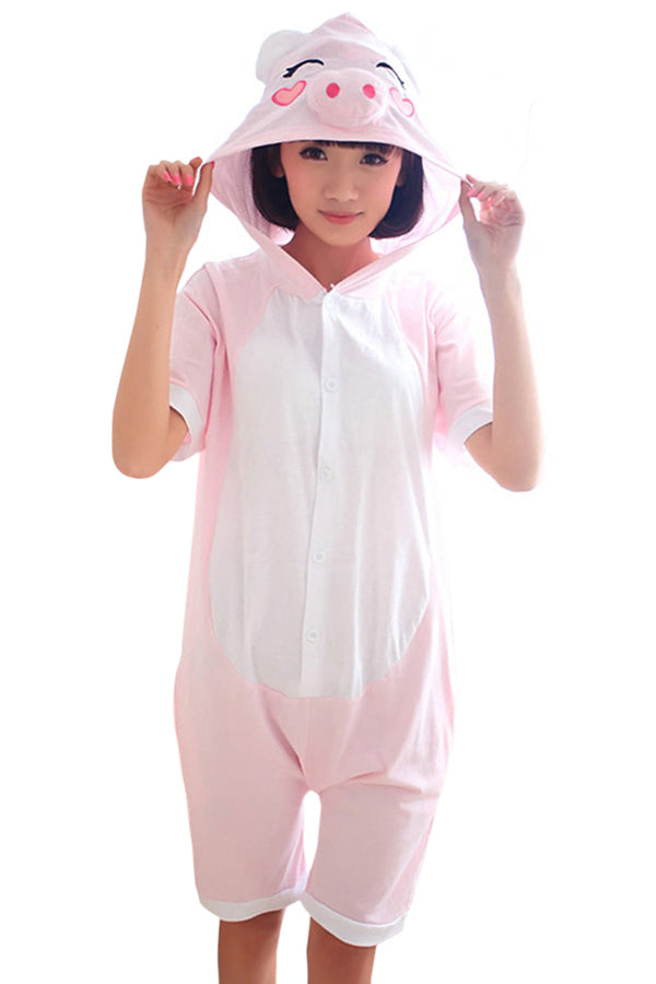 Pink Womens Pig Cotton Jumpsuit Romper Pajamas Animal Costume