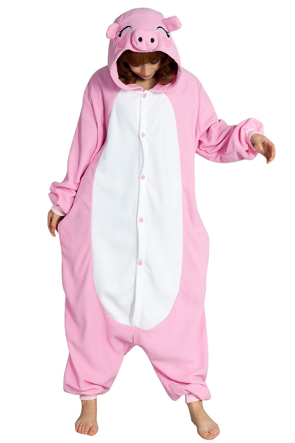 Womens Cute Cartoon Hooded Pig Pajamas Jumpsuit Costume Pink