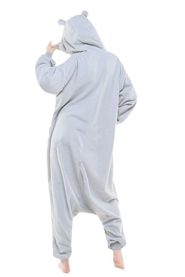 Womens Cute Hippo Hooded Single-breasted Jumpsuit Pajamas Gray