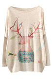 Womens Crewneck Batwing Sleeve Deer Printed Christmas T Shirt Beige