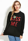 Womens Crewneck Letters Sequined Christmas Pullover Sweater Black