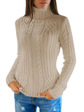 Womens Plain High Collar Long Sleeve Cable Knit Pullover Sweater White