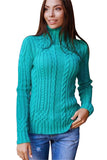 Womens Plain High Collar Long Sleeve Cable Knit Sweater Turquoise