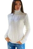 Womens Plain High Collar Long Sleeve Cable Knit Pullover Sweater White