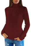 Womens Plain High Collar Long Sleeve Cable Knit Pullover Sweater White