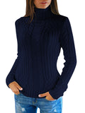 Womens Plain High Collar Long Sleeve Cable Knit Pullover Sweater White