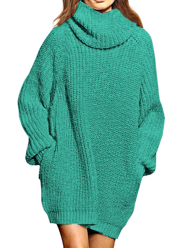 PSE2216TE-L, PSE2216TE-M, PSE2216TE-S, PSE2216TE-XL, Blue-green Women's Oversized Turtleneck Pullover Sweater Dress