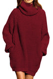 Womens Thicken High Collar Long Sleeve Plain Sweater Dress Ruby