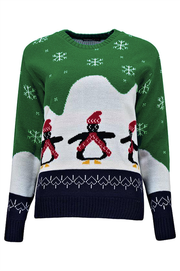 Christmas Penguin Snowflake Sweater Green
