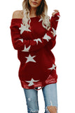 Ripped Star Print Crew Neck Sweater Red