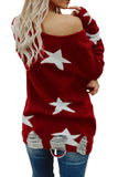 Ripped Star Print Crew Neck Sweater Red