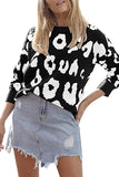 Crew Neck Leopard Pullover Knit Sweater Black