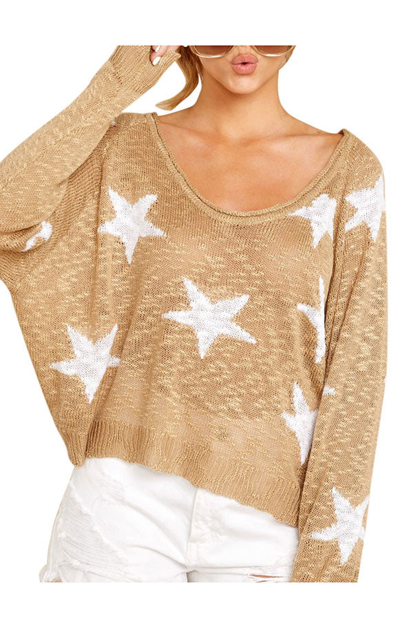 Raglan Sleeve Sweater Star Print Khaki