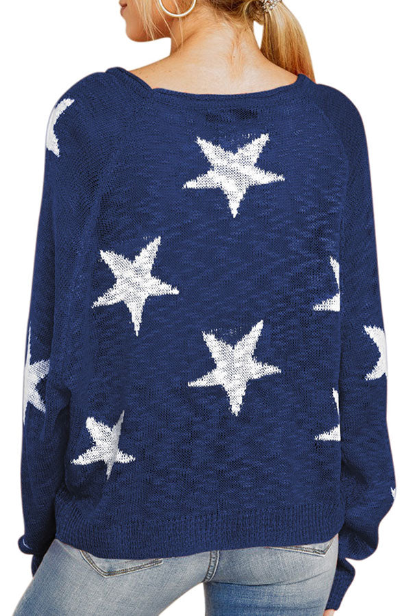 Star Print Knitted Pullover Sweater Navy Blue