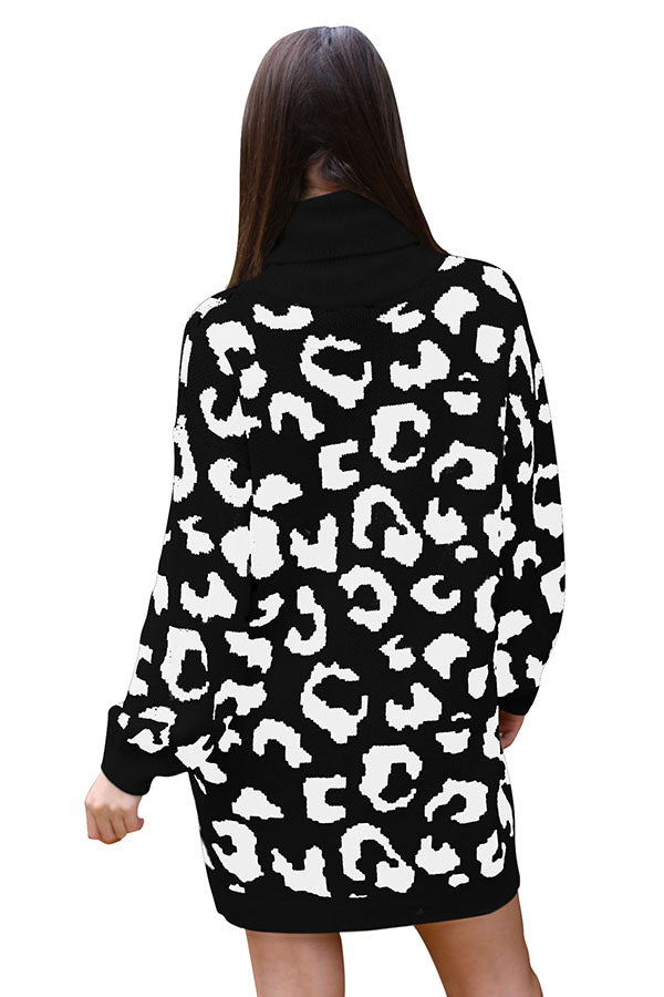 Turtleneck Sweater Dress Leopard Black