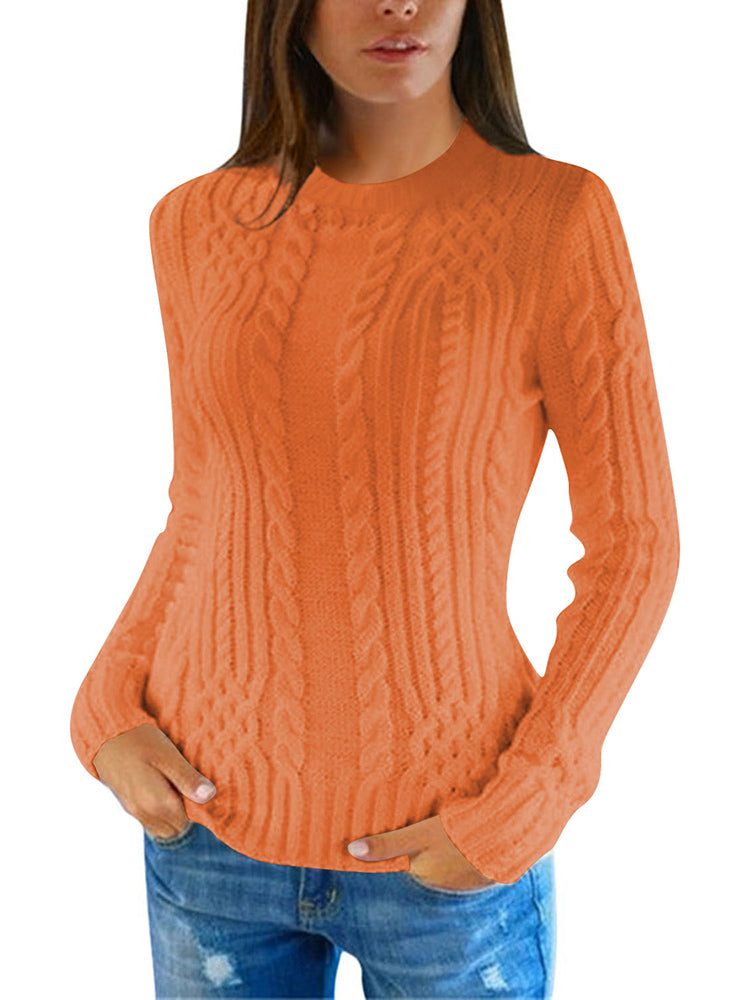 PSE2766CS-L, PSE2766CS-M, PSE2766CS-S, PSE2766CS-XL, Orange Women's Slim Twisted Cable Knit Crew Neck Sweater