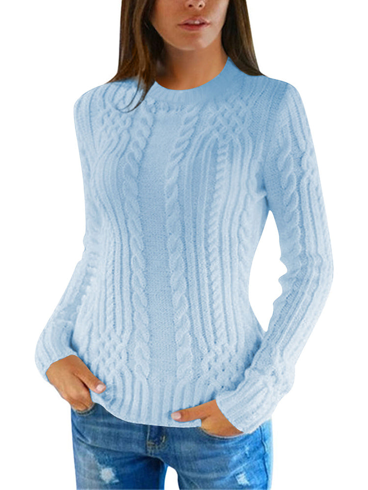 PSE2766LB-L, PSE2766LB-M, PSE2766LB-S, PSE2766LB-XL, light blue Women's Slim Twisted Cable Knit Crew Neck Sweater