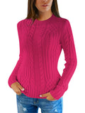 PSE2766MR-L, PSE2766MR-M, PSE2766MR-S, PSE2766MR-XL, Rose Red Women's Slim Twisted Cable Knit Crew Neck Sweater
