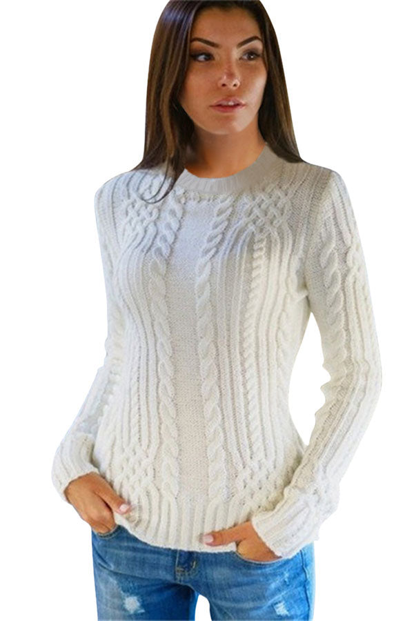 PSE2766WH-L, PSE2766WH-M, PSE2766WH-S, PSE2766WH-XL, White Women's Slim Twisted Cable Knit Crew Neck Sweater
