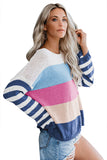 PSE2767BE-L, PSE2767BE-M, PSE2767BE-S, PSE2767BE-XL, Blue Women's Striped Colorblock Drop Shoulder Light Weight Sweater