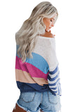 PSE2767BE-L, PSE2767BE-M, PSE2767BE-S, PSE2767BE-XL, Blue Women's Striped Colorblock Drop Shoulder Light Weight Sweater