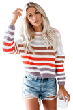 PSE2773PI-M, Pink Women's Multi-color Stripes Ribbed Pullover Sweater