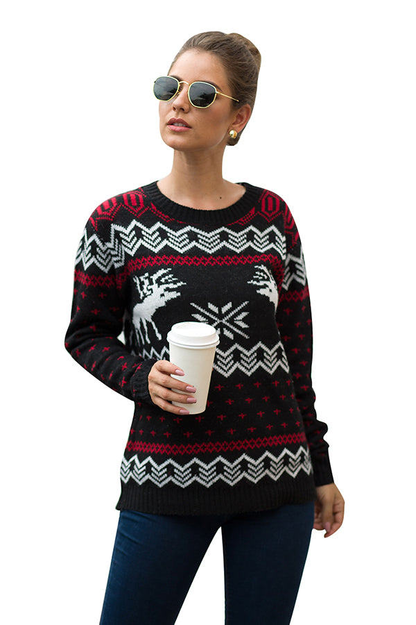 Christmas Snowflake Reindeer Sweater Black