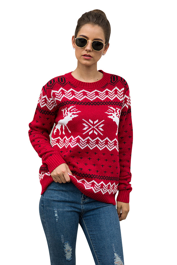 Womens Christmas Reindeer Print Pullover Sweater Red