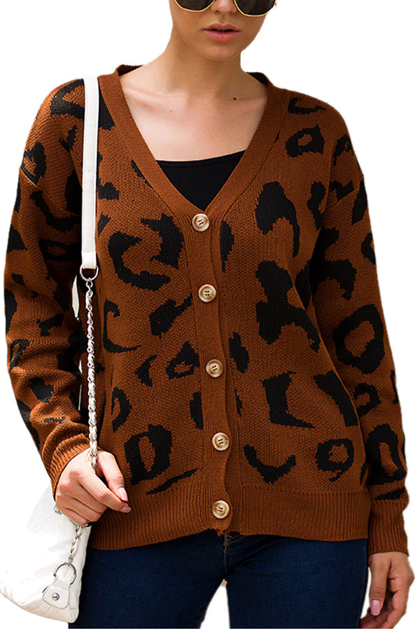 Leopard Knit Cardigan Sweater Coffee