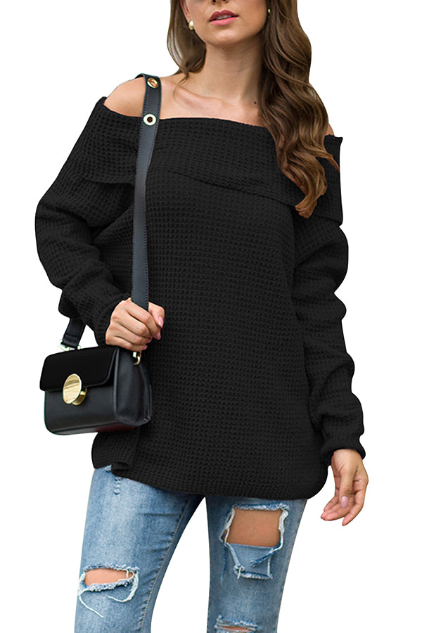 Waffle Knit Off Shoulder Pullover Sweater Black