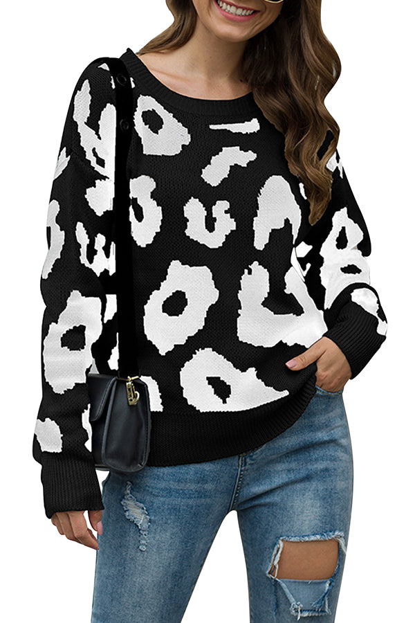 Long Sleeve Leopard Pullover Sweater Black