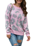 Leopard Crew Neck Pullover Sweater Pink