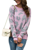Leopard Crew Neck Pullover Sweater Pink