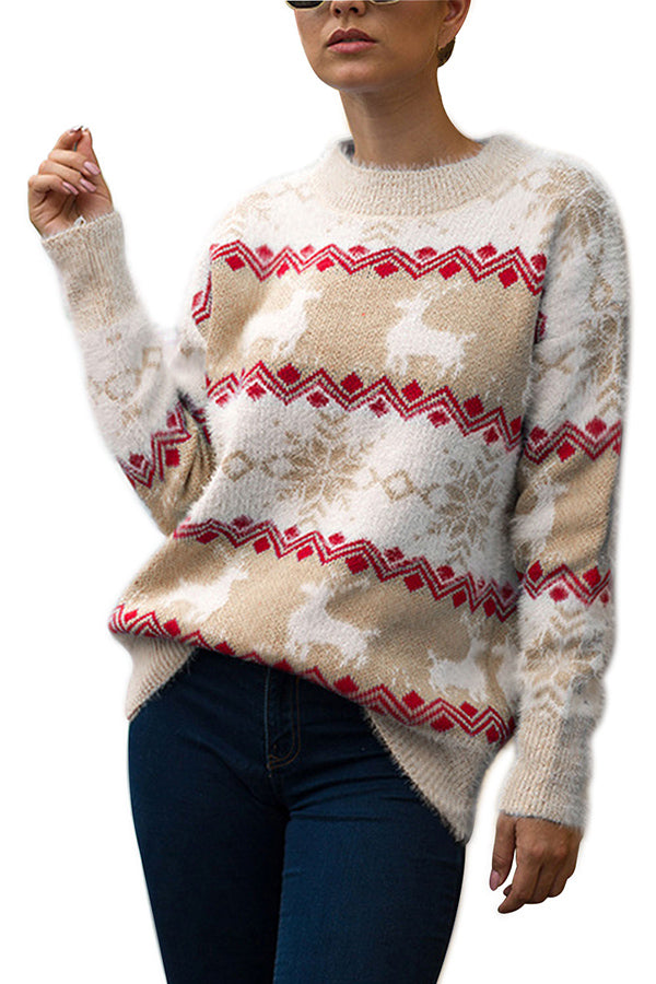 Womens Reindeer Snowflake Christmas Sweater Khaki