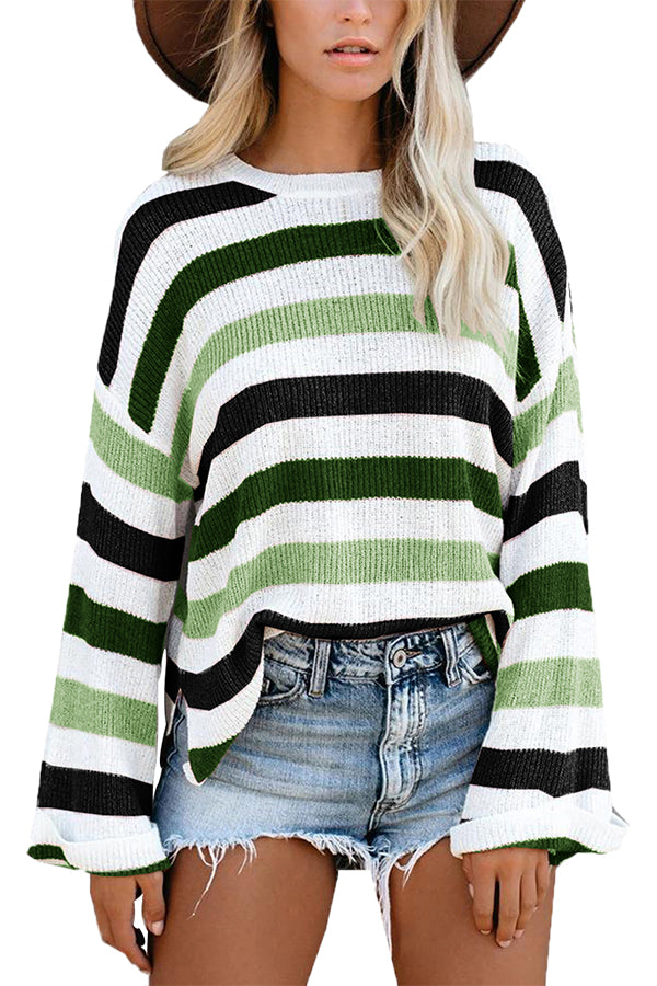 Crew Neck Oversized Striped Sweater Green