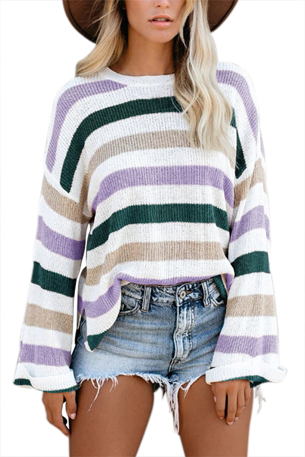 Drop Shoulder Striped Pullover Sweater Purple