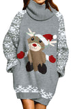 Reindeer Christmas Sweater Dress Long Sleeve Gray