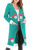 Christmas Hat Print Cardigan Open Front Light Green