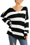 V Neck Drop Shoulder Striped Sweater Black