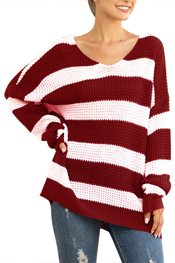 V Neck Striped Oversized Pullover Sweater Ruby