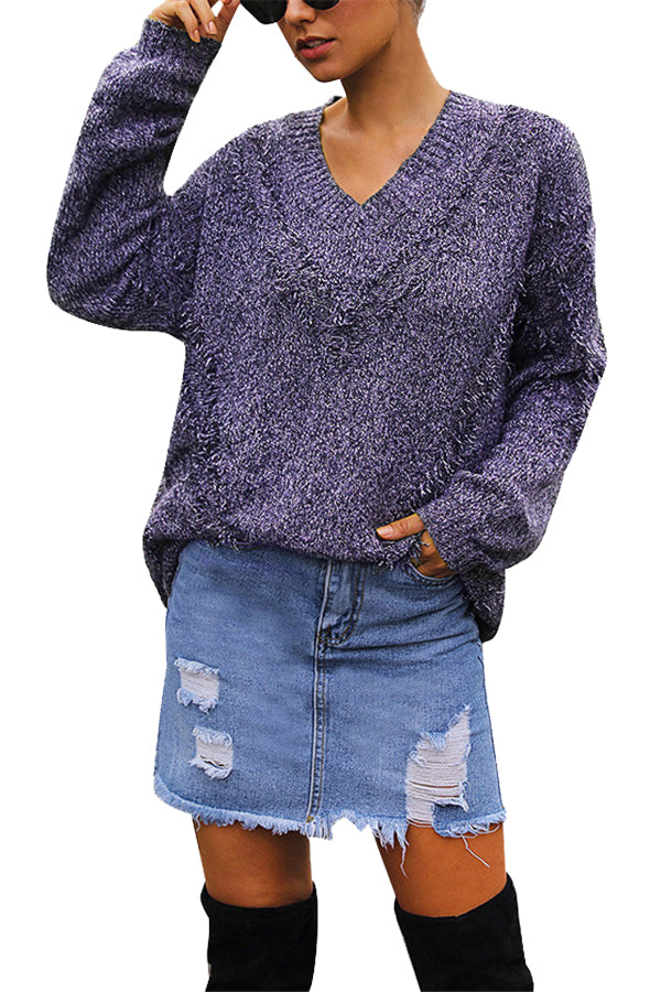 Frayed V Neck Pullover Jumper Purple