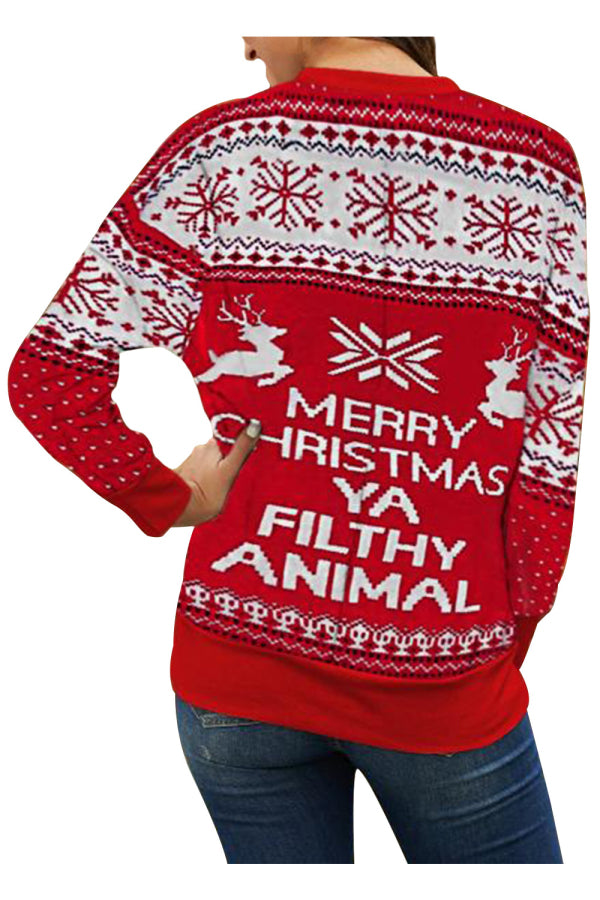 Snowflake Reindeer Ugly Christmas Sweater Red