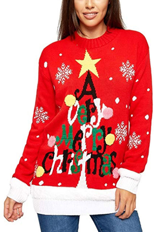 Crew Neck Snowflake Christmas Sweater Red