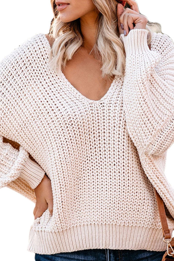 Drop Shoulder Knit V Neck Sweater Beige White
